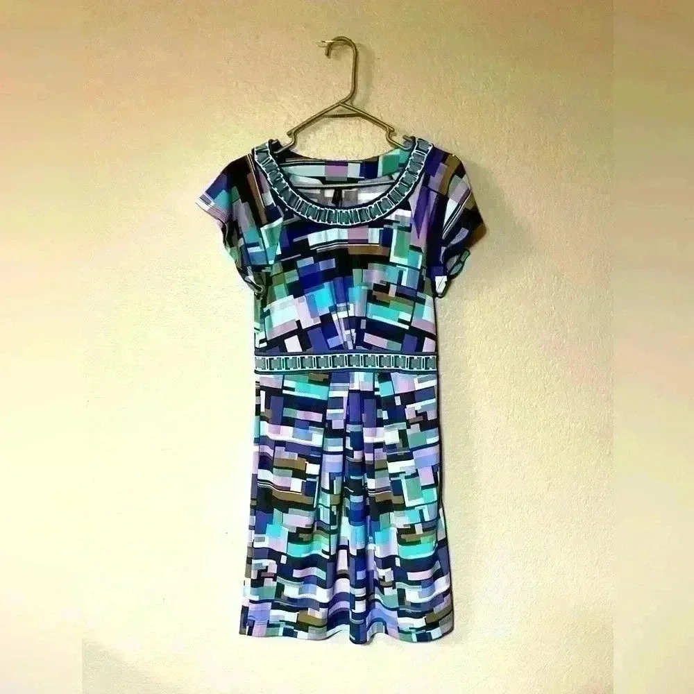 BCBG Maxazria Women's Casual Dress S Multicolor Purple/Green/Blue